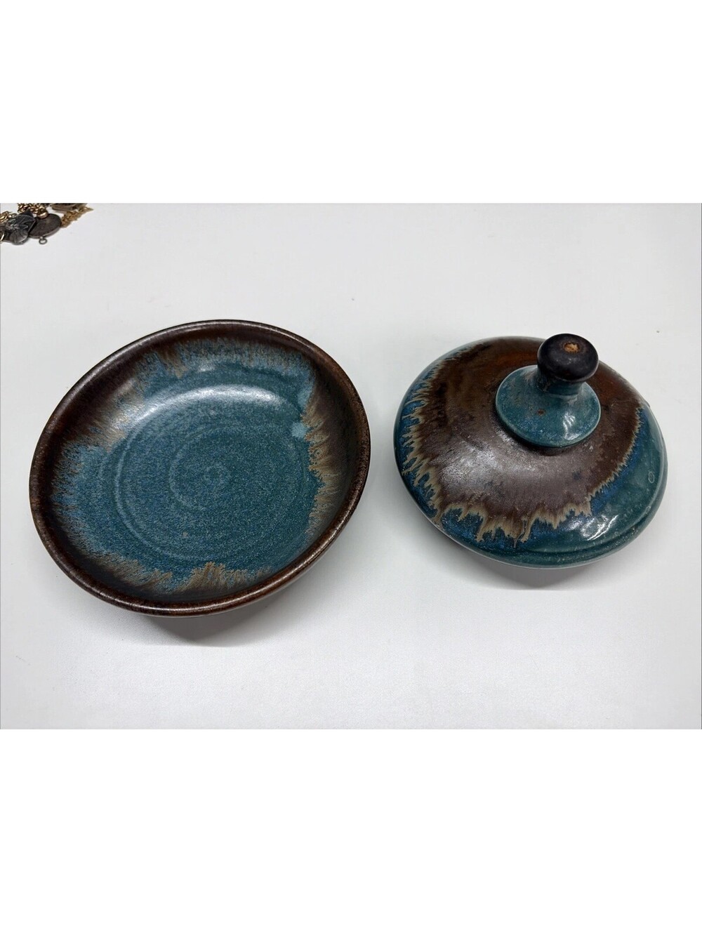 Pigeon Forge Pottery Douglas Ferguson Blue Brown Crystalline Glaze Oil Lamp&base